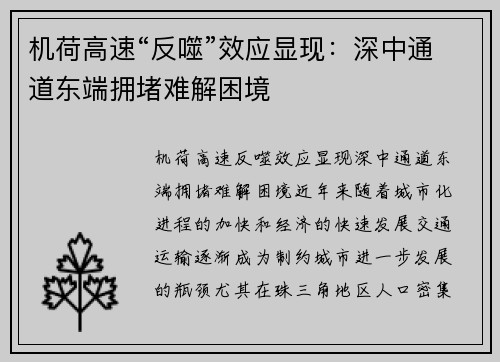 机荷高速“反噬”效应显现：深中通道东端拥堵难解困境