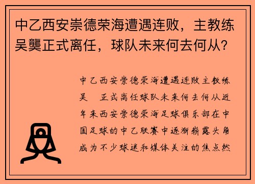 中乙西安崇德荣海遭遇连败，主教练吴龑正式离任，球队未来何去何从？