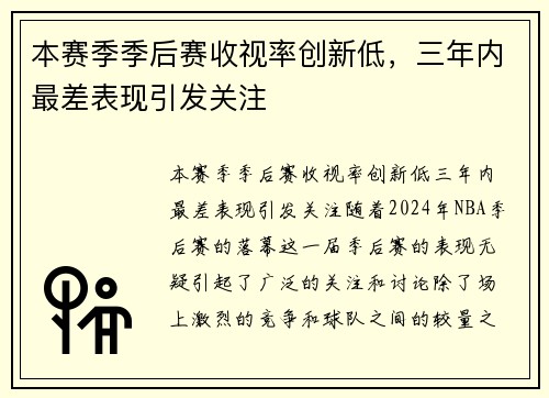 本赛季季后赛收视率创新低，三年内最差表现引发关注